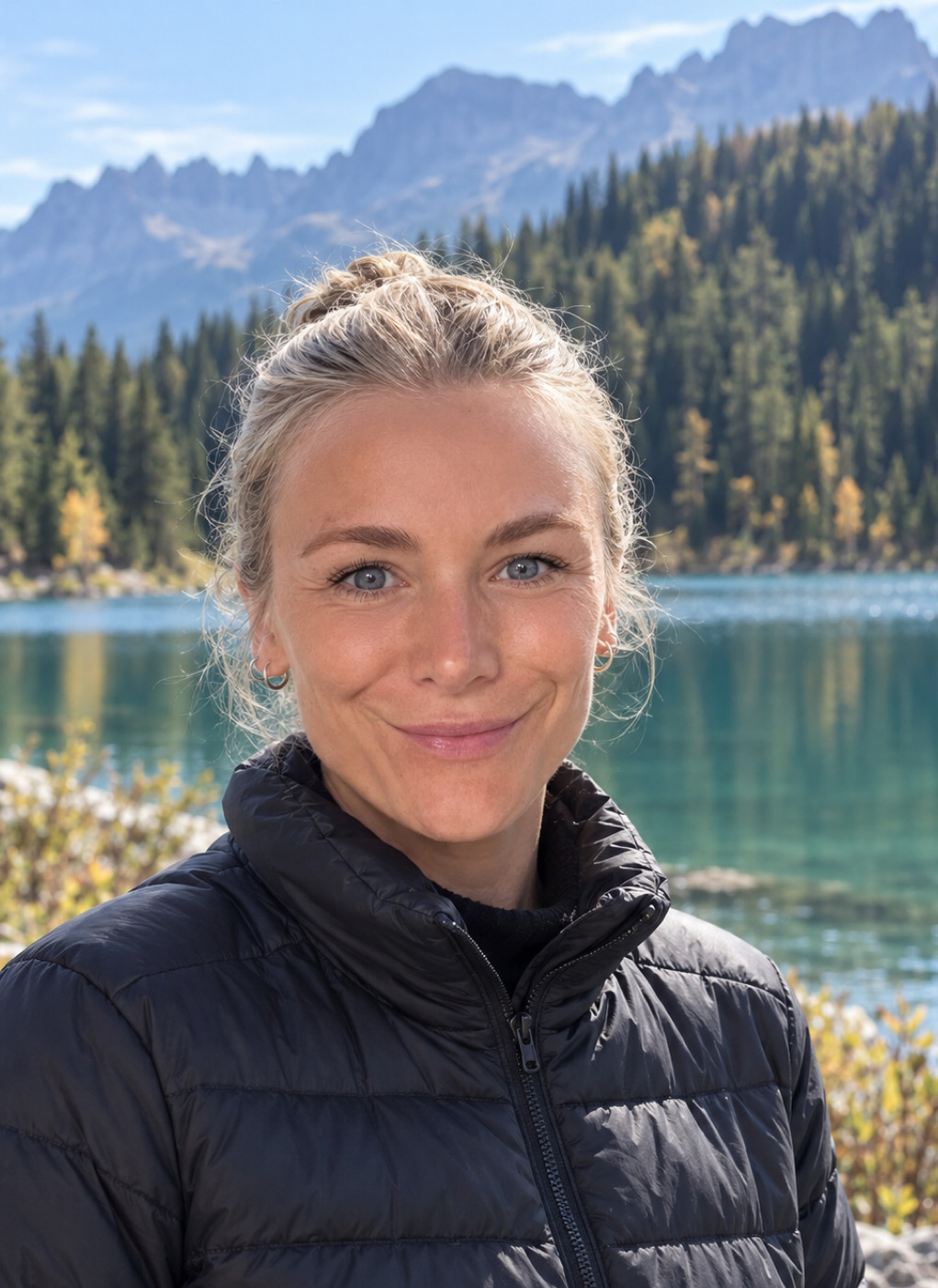 Luzie Mähler draußen in herbstlicher Landschaft an einem See